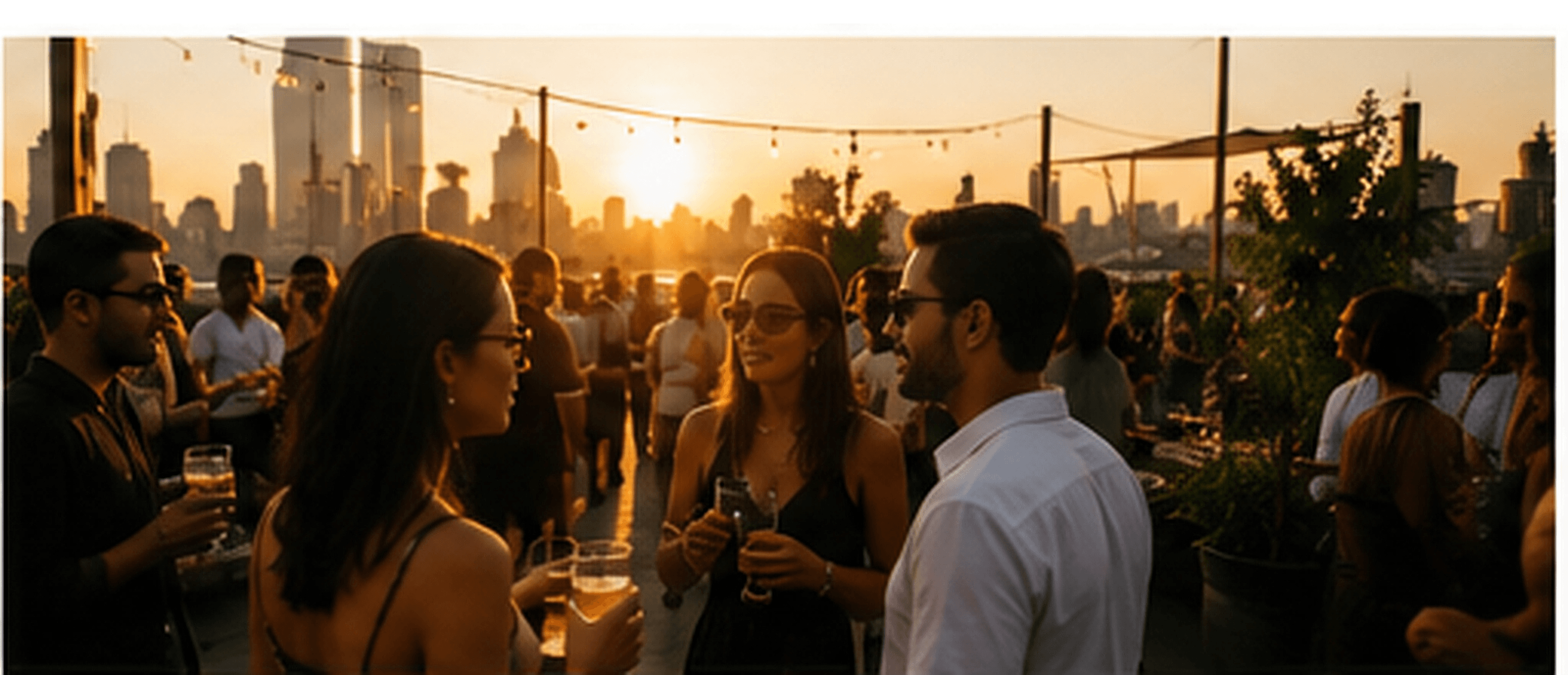 Golden-hour rooftop crowd with New York atmosphere