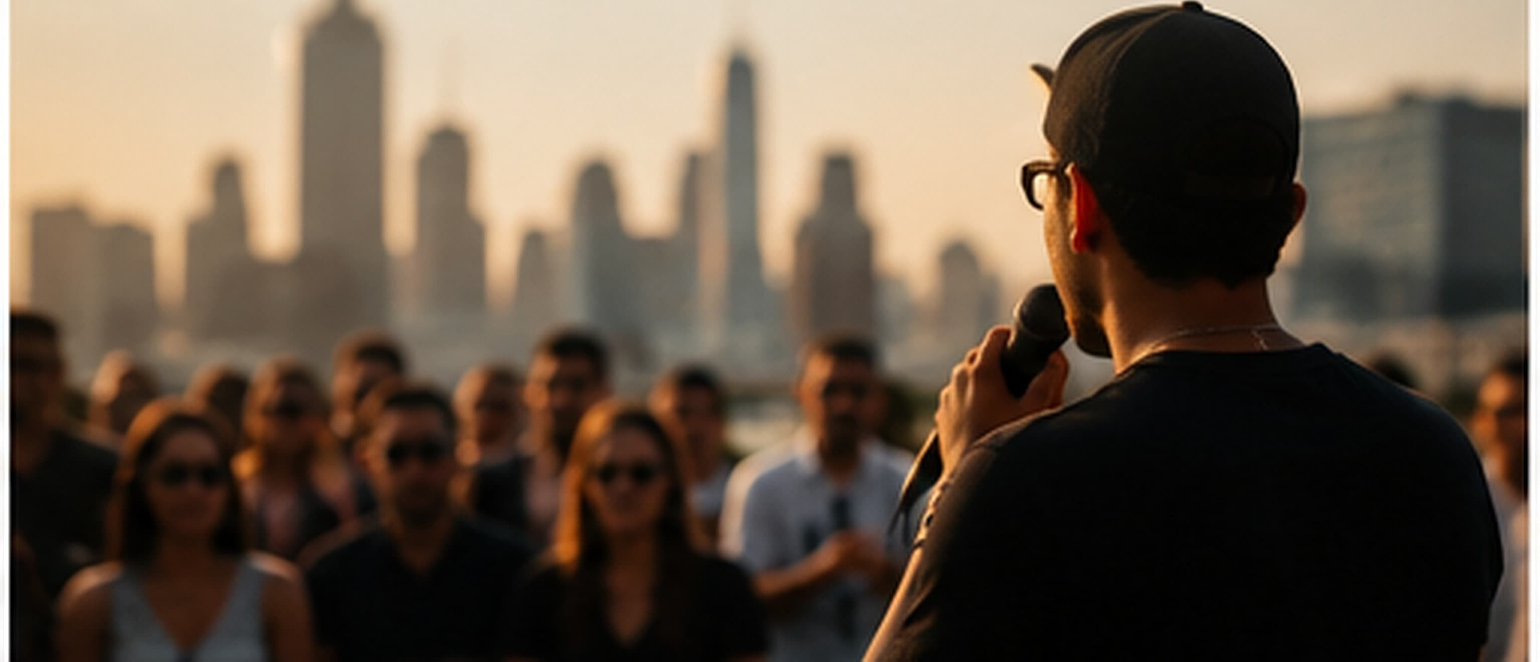 Open-air music setup at golden hour